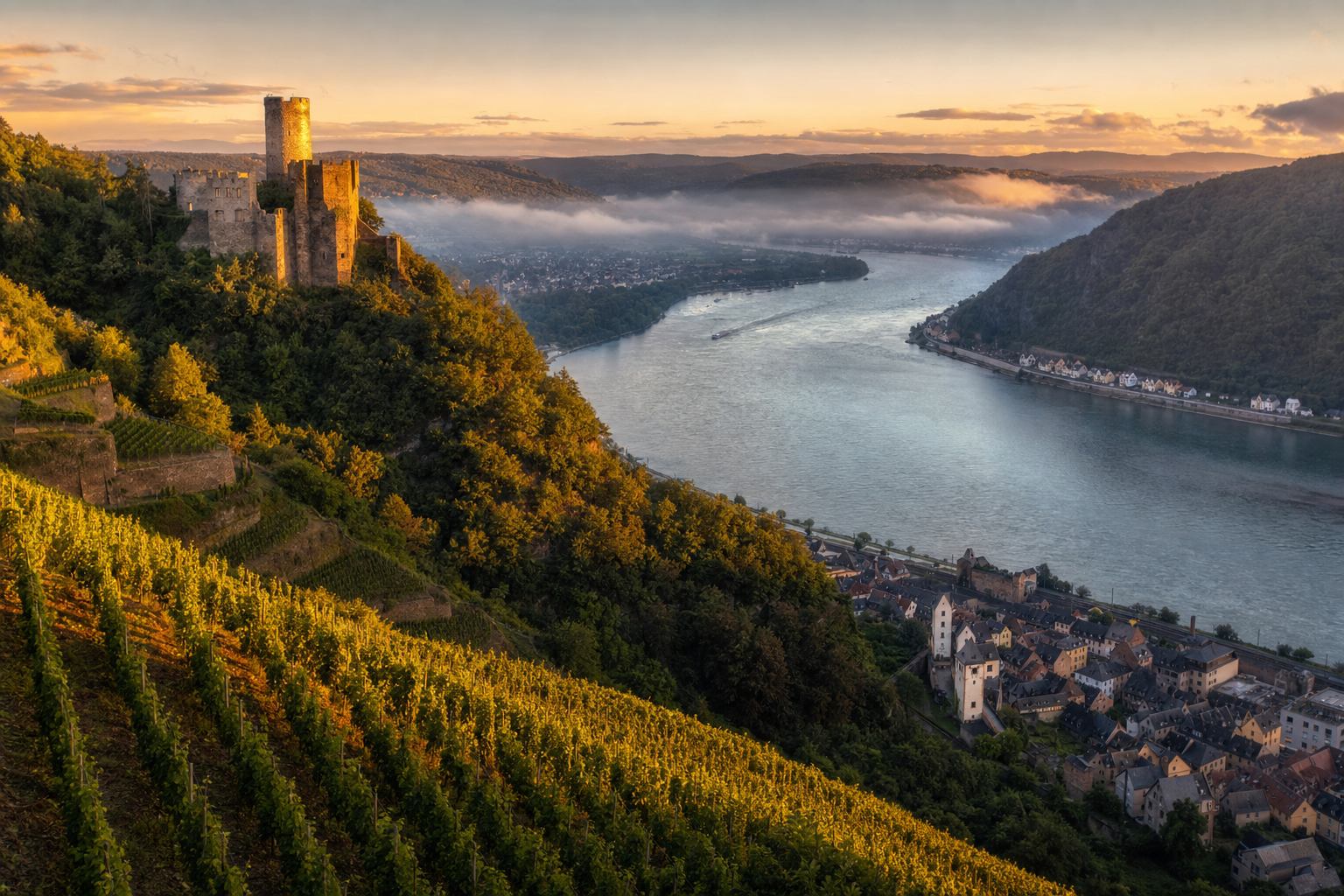 Rheintal mit Burg, Weinbergen und Flussbiegung im Abendlicht
