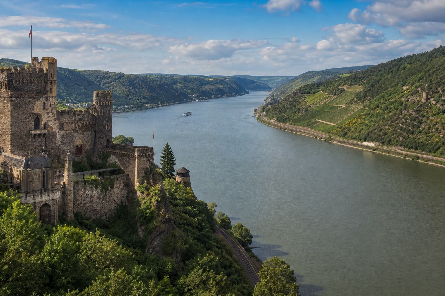 Rheintal mit Burg und Weinbergen