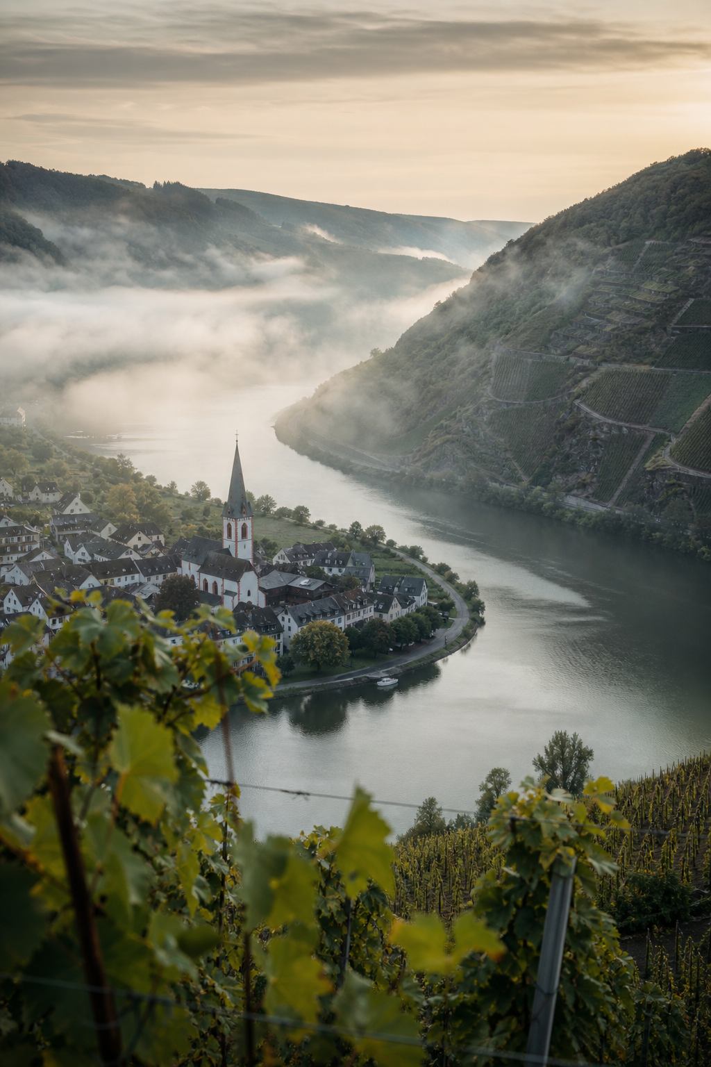 Moselweinberge mit Flussschleife und Dorfkirche im Morgennebel